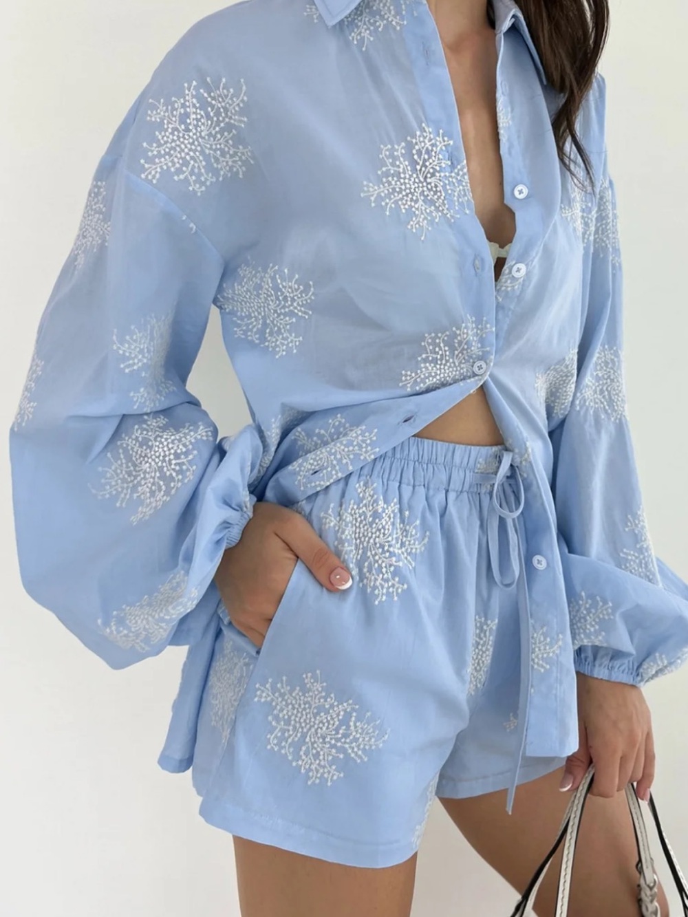COMMENSE Light Blue Embroidered Button-Down Short Set, Small (4)